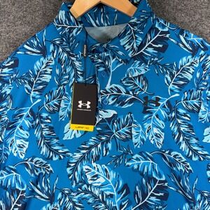 Under Armour Playoff Golf Polo Shirt Mens Large Blue Tropical Leaf AOP New